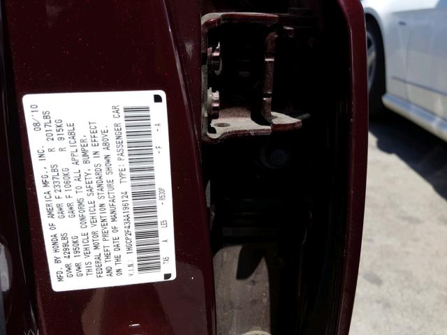 1HGCP2F43AA196124 - 2010 HONDA ACCORD LXP BURGUNDY photo 10