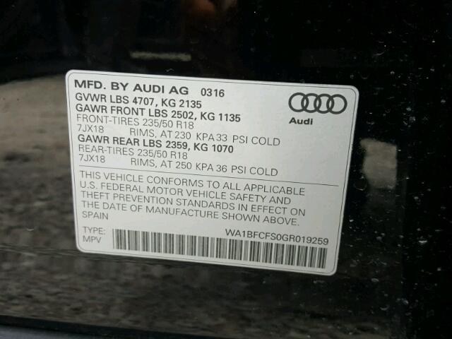 WA1BFCFS0GR019259 - 2016 AUDI Q3 PREMIUM BLACK photo 10