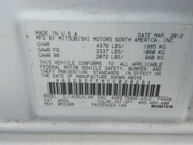 4A32B2FF8CE020284 - 2012 MITSUBISHI GALANT FE WHITE photo 10