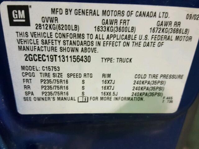 2GCEC19T131156430 - 2003 CHEVROLET SILVERADO BLUE photo 10