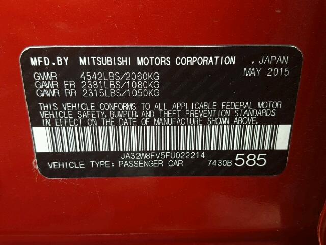 JA32W8FV5FU022214 - 2015 MITSUBISHI LANCER EVO RED photo 10