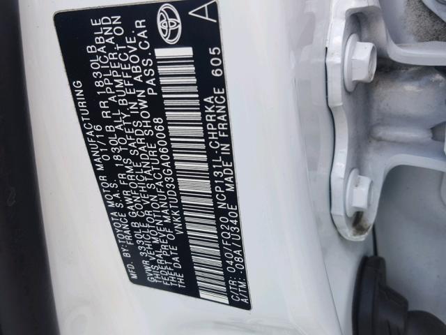 VNKKTUD33GA060068 - 2016 TOYOTA YARIS L WHITE photo 10