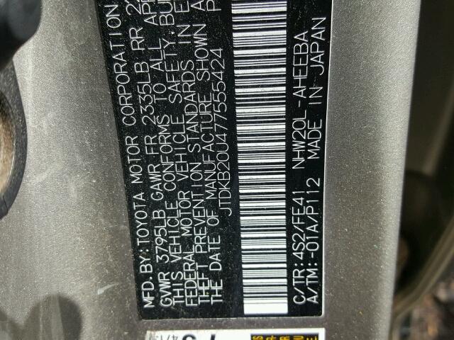 JTDKB20U477555424 - 2007 TOYOTA PRIUS Qızıl foto 10