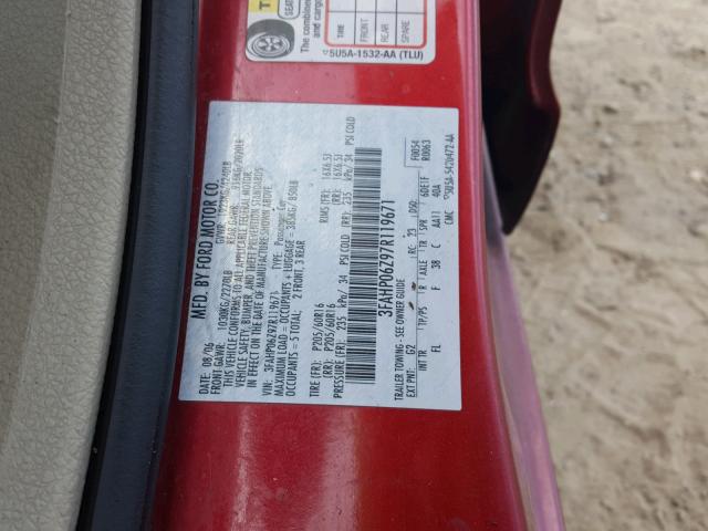 3FAHP06Z97R119671 - 2007 FORD FUSION S RED photo 10