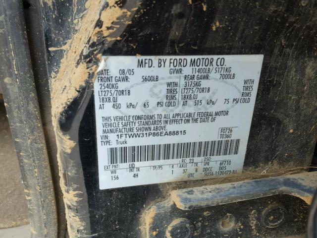 1FTWW31P86EA88815 - 2006 FORD F350 SRW S BLACK photo 10