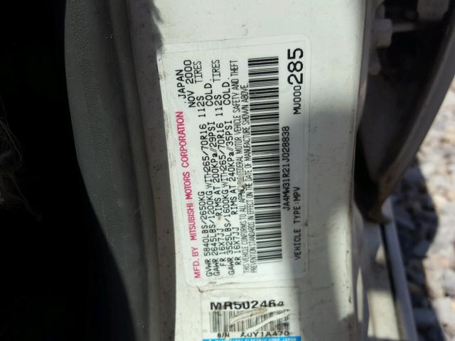 JA4MW31R21J028838 - 2001 MITSUBISHI MONTERO XL WHITE photo 10