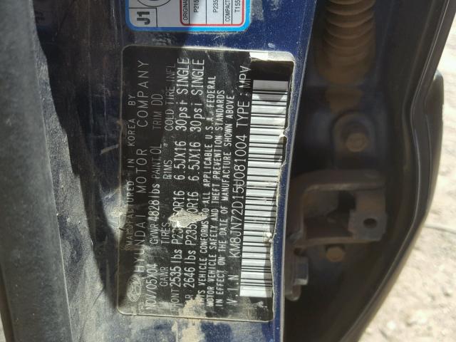 KM8JN72D15U081004 - 2005 HYUNDAI TUCSON GLS BLUE photo 10