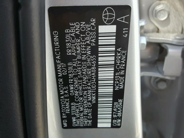 VNKKTUD34HA084655 - 2017 TOYOTA YARIS L SILVER photo 10