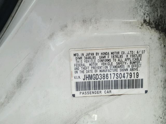 JHMGD38617S047919 - 2007 HONDA FIT S WHITE photo 10