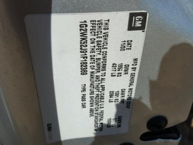 1G2WK52J91F182369 - 2001 PONTIAC GRAND PRIX SILVER photo 10