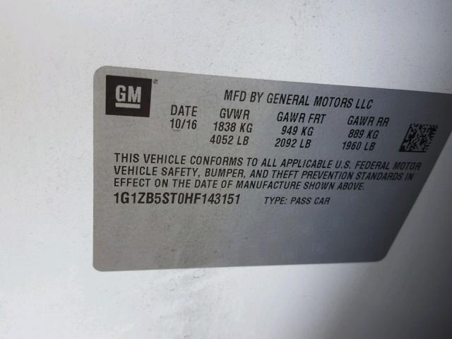 1G1ZB5ST0HF143151 - 2017 CHEVROLET MALIBU LS WHITE photo 10