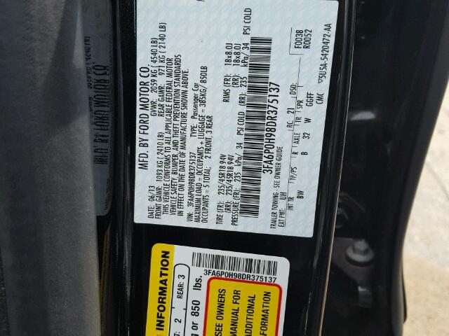 3FA6P0H98DR375137 - 2013 FORD FUSION BLACK photo 10