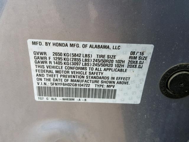 5FNYF6H02GB104722 - 2016 HONDA PILOT ELIT SILVER photo 10