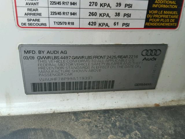 WAUHF78P99A119391 - 2009 AUDI A3 2.0T WHITE photo 10