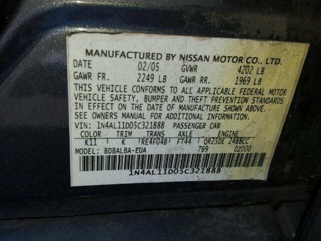 1N4AL11D05C321888 - 2005 NISSAN ALTIMA S GRAY photo 10