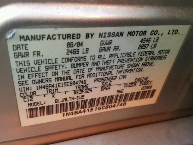 1N4BA41E15C804746 - 2005 NISSAN MAXIMA SE GOLD photo 10