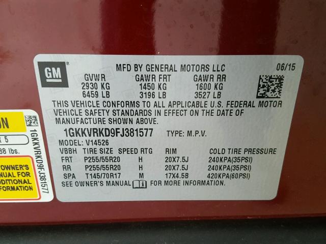 1GKKVRKD9FJ381577 - 2015 GMC ACADIA SLT წითელი ფოტო 10