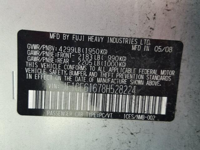 JF1GE61678H528224 - 2008 SUBARU IMPREZA 2. SILVER photo 10