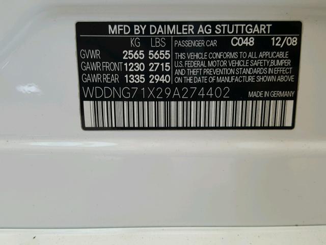 WDDNG71X29A274402 - 2009 MERCEDES-BENZ S 550 WHITE photo 10