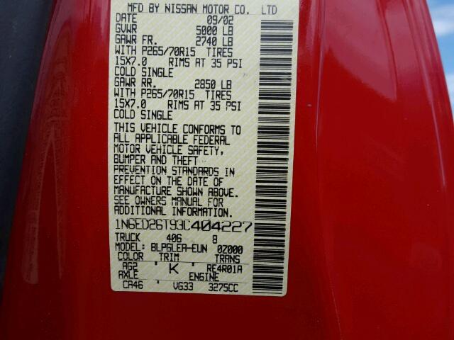 1N6ED26T93C404227 - 2003 NISSAN FRONTIER K RED photo 10