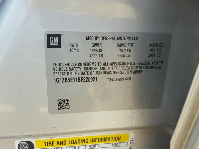 1G1ZB5E11BF220921 - 2011 CHEVROLET MALIBU LS Gümüş foto 10