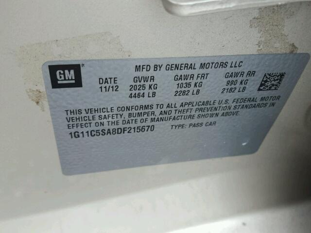 1G11C5SA8DF215670 - 2013 CHEVROLET MALIBU 1LT 米色 照片 10