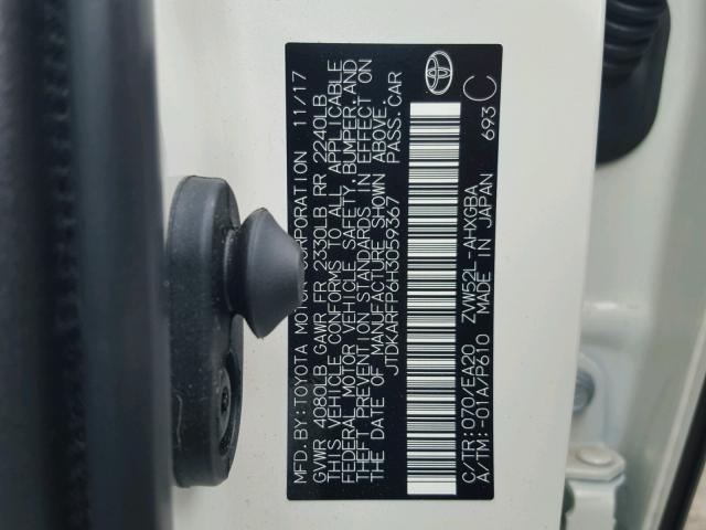 JTDKARFP6H3059367 - 2017 TOYOTA PRIUS PRIM თეთრი ფოტო 10