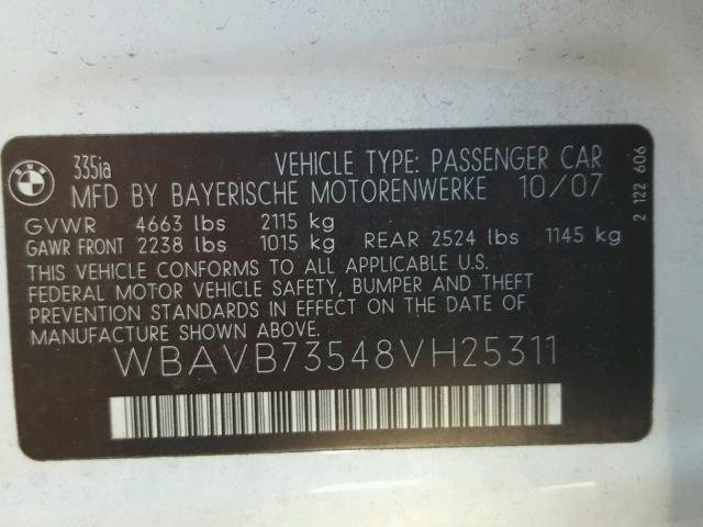 WBAVB73548VH25311 - 2008 BMW 335 I WHITE photo 10