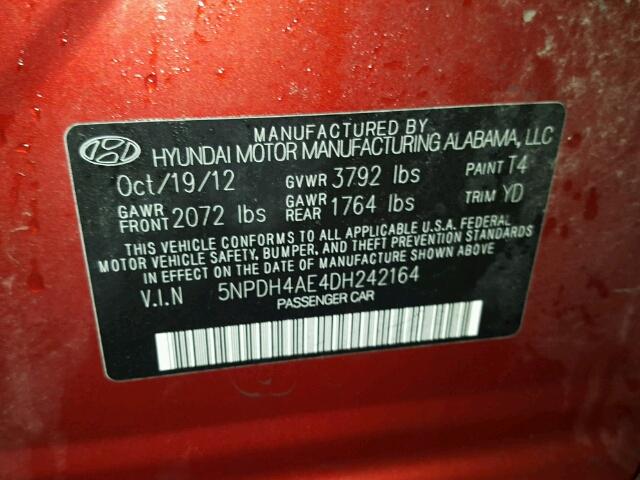 5NPDH4AE4DH242164 - 2013 HYUNDAI ELANTRA GL RED photo 10