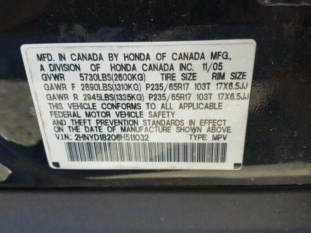 2HNYD18206H511032 - 2006 ACURA MDX BLACK photo 10