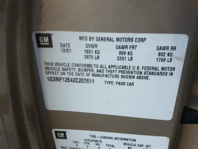 1G3NF12E42C207611 - 2002 OLDSMOBILE ALERO GLS 米色 照片 10