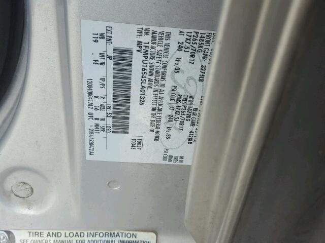 1FMPU16545LA01326 - 2005 FORD EXPEDITION SILVER photo 10