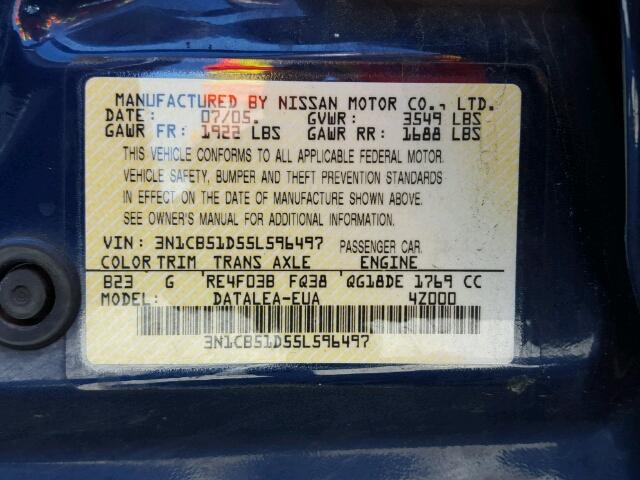 3N1CB51D55L596497 - 2005 NISSAN SENTRA BLUE photo 10