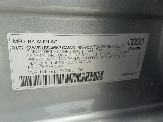 WAUAF78E88A080176 - 2008 AUDI A4 2.0T GRAY photo 10