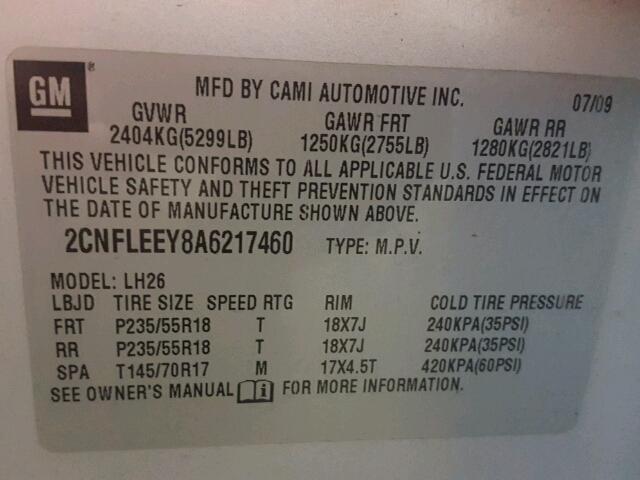 2CNFLEEY8A6217460 - 2010 CHEVROLET EQUINOX LT SILVER photo 10