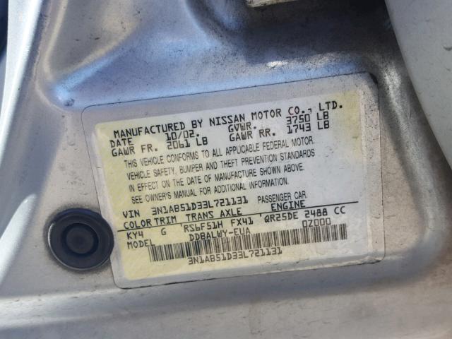 3N1AB51D33L721131 - 2003 NISSAN SENTRA SE- SILVER photo 10