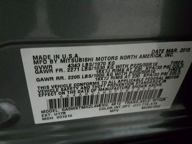 4A4AR3AW6FE028565 - 2015 MITSUBISHI OUTLANDER GRAY photo 10