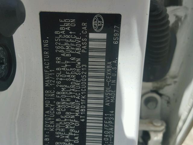 4T1BD1FK1CU005213 - 2012 TOYOTA CAMRY HYBR 白色 照片 10