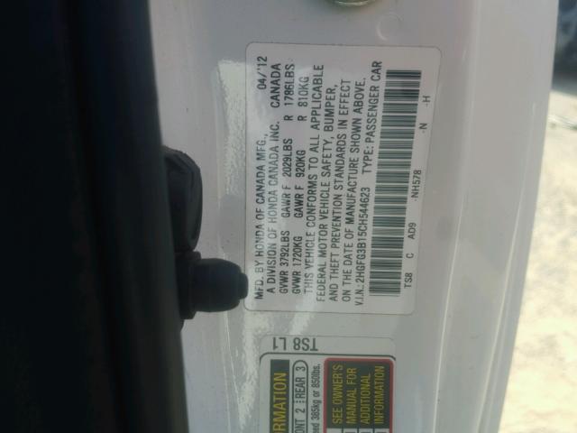 2HGFG3B15CH544623 - 2012 HONDA CIVIC EXL WHITE photo 10