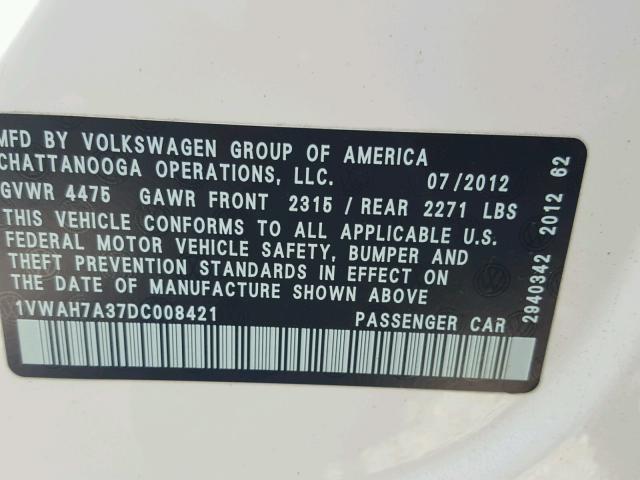 1VWAH7A37DC008421 - 2013 VOLKSWAGEN PASSAT S أبيض صورة 10