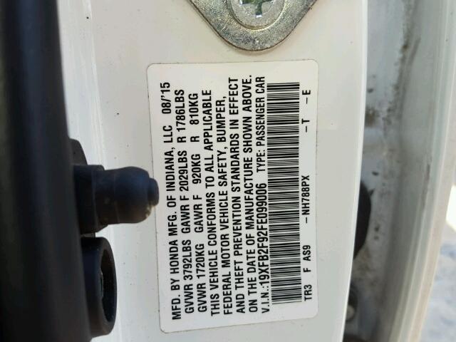 19XFB2F92FE099006 - 2015 HONDA CIVIC EXL WHITE photo 10