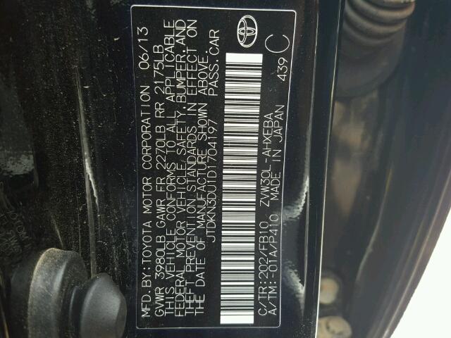 JTDKN3DU1D1704197 - 2013 TOYOTA PRIUS შავი ფოტო 10