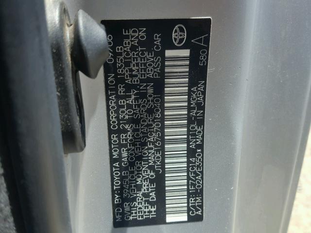 JTKDE167570180401 - 2007 TOYOTA SCION TC 银色 照片 10