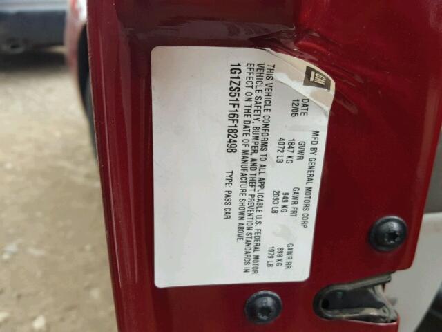 1G1ZS51F16F182498 - 2006 CHEVROLET MALIBU LS MAROON photo 10