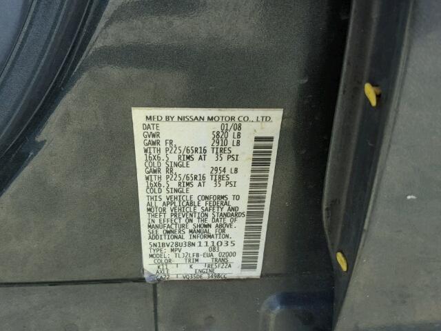 5N1BV28U38N111035 - 2008 NISSAN QUEST S GRAY photo 10