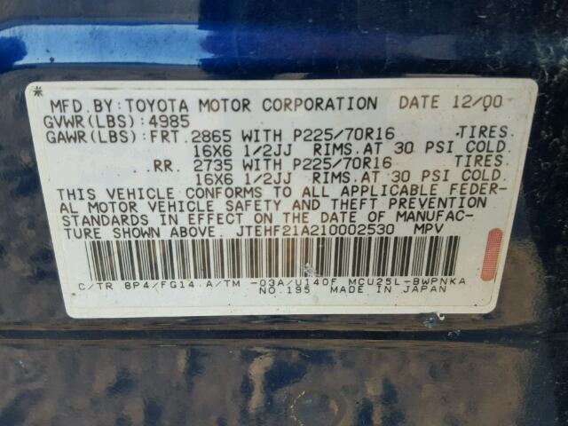 JTEHF21A210002530 - 2001 TOYOTA HIGHLANDER BLUE photo 10