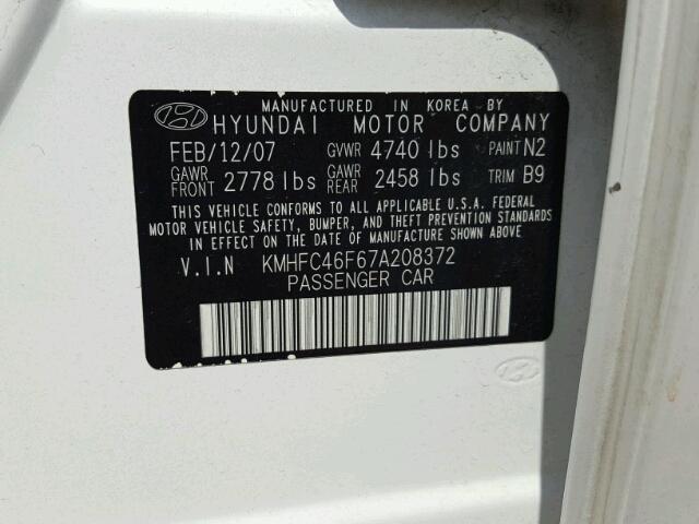 KMHFC46F67A208372 - 2007 HYUNDAI AZERA SE WHITE photo 10