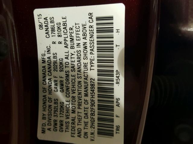 2HGFB2F90FH549872 - 2015 HONDA CIVIC EXL 栗色 照片 10