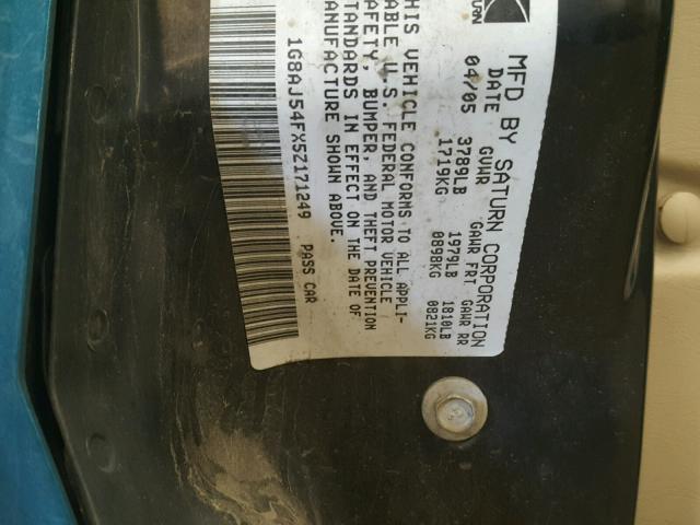 1G8AJ54FX5Z171249 - 2005 SATURN ION LEVEL BLUE photo 10