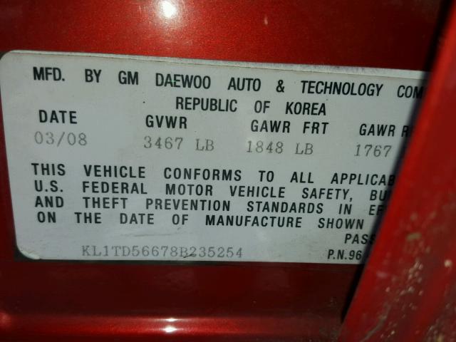 KL1TD56678B235254 - 2008 CHEVROLET AVEO BASE Қызыл фото 10